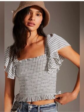 Anthropologie Maeve Black & White Gingham Smocked Shirt Size M